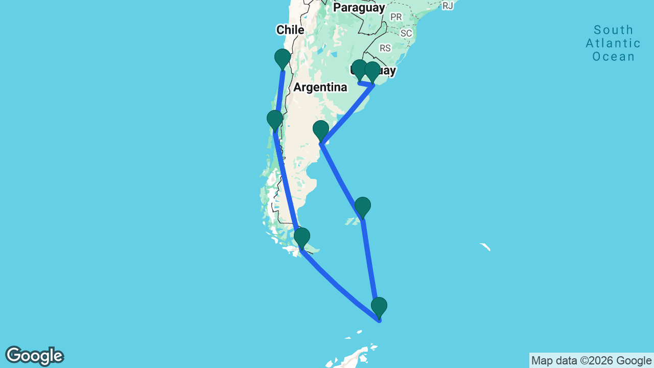 Route map: Buenos Aires -> Montevideo -> Puerto Madryn -> Port Stanley -> Elephant Island -> Ushuaia -> Puerto Montt -> Santiago