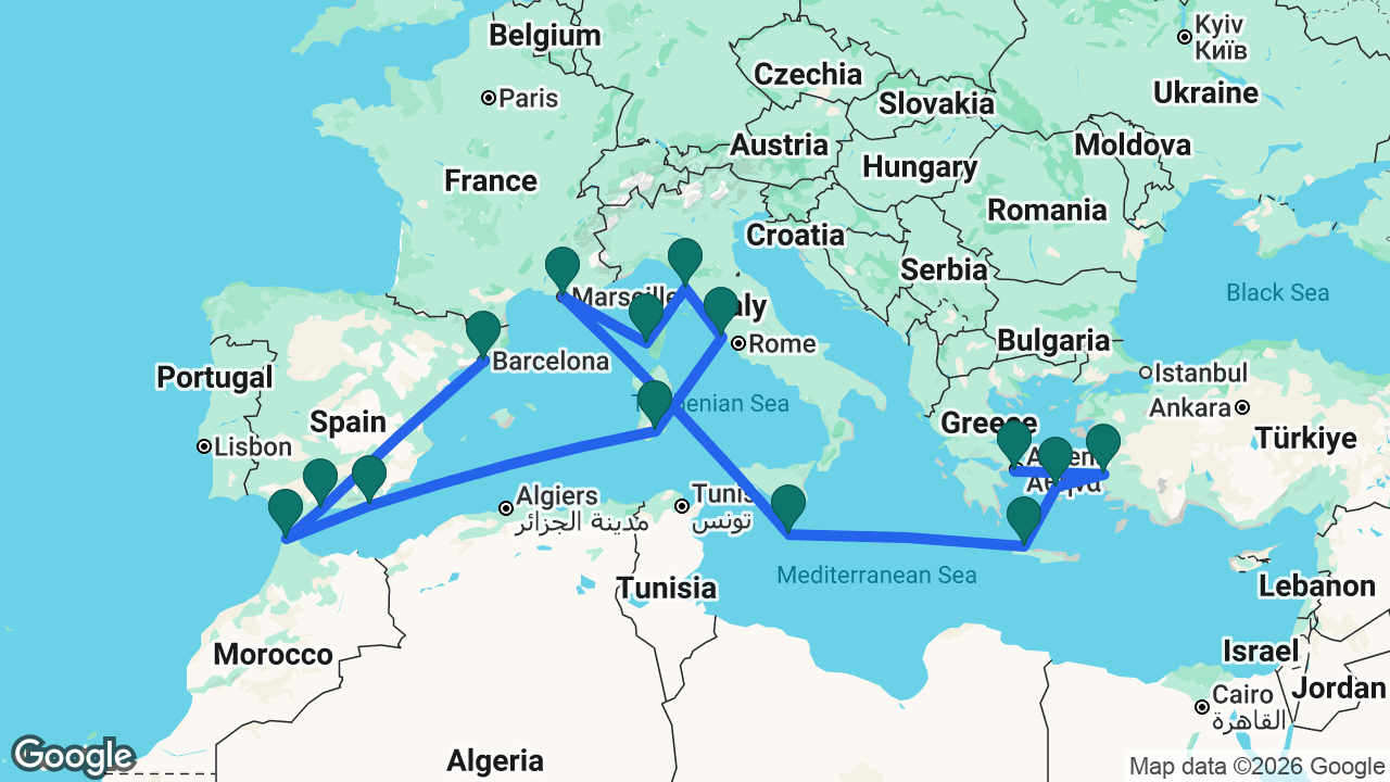 Route map: Barcelona -> Málaga -> Tangier -> Almería -> Cagliari -> Rome -> Florence -> Ajaccio -> Marseille -> Valletta -> Chania -> Mykonos -> Ephesus -> Athens