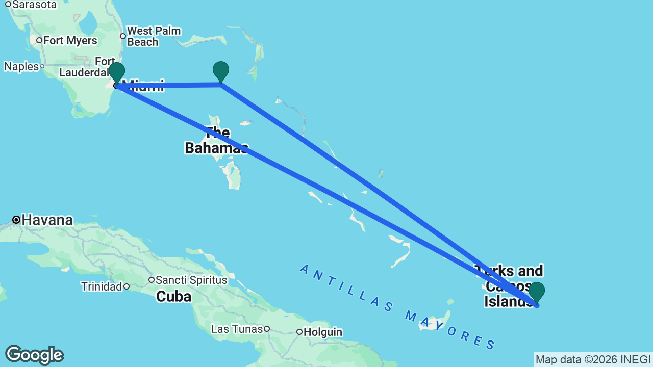 Route map: Miami -> CocoCay -> Grand Turk -> Miami