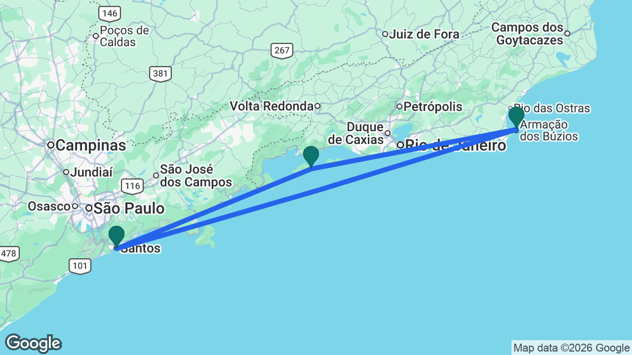 Route map: Santos -> Búzios -> Ilha Grande -> Santos