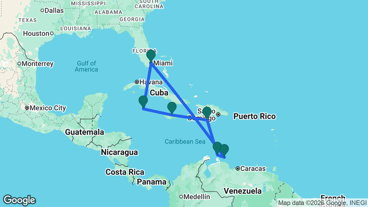 Route map: Miami -> Curaçao -> Aruba -> Cabo Rojo -> Ocho Rios -> Grand Cayman -> Miami