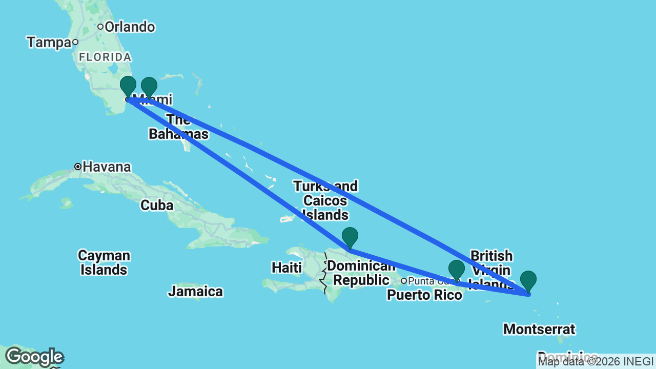 Route map: Miami -> Puerto Plata -> San Juan -> St. Maarten -> Bimini -> Miami