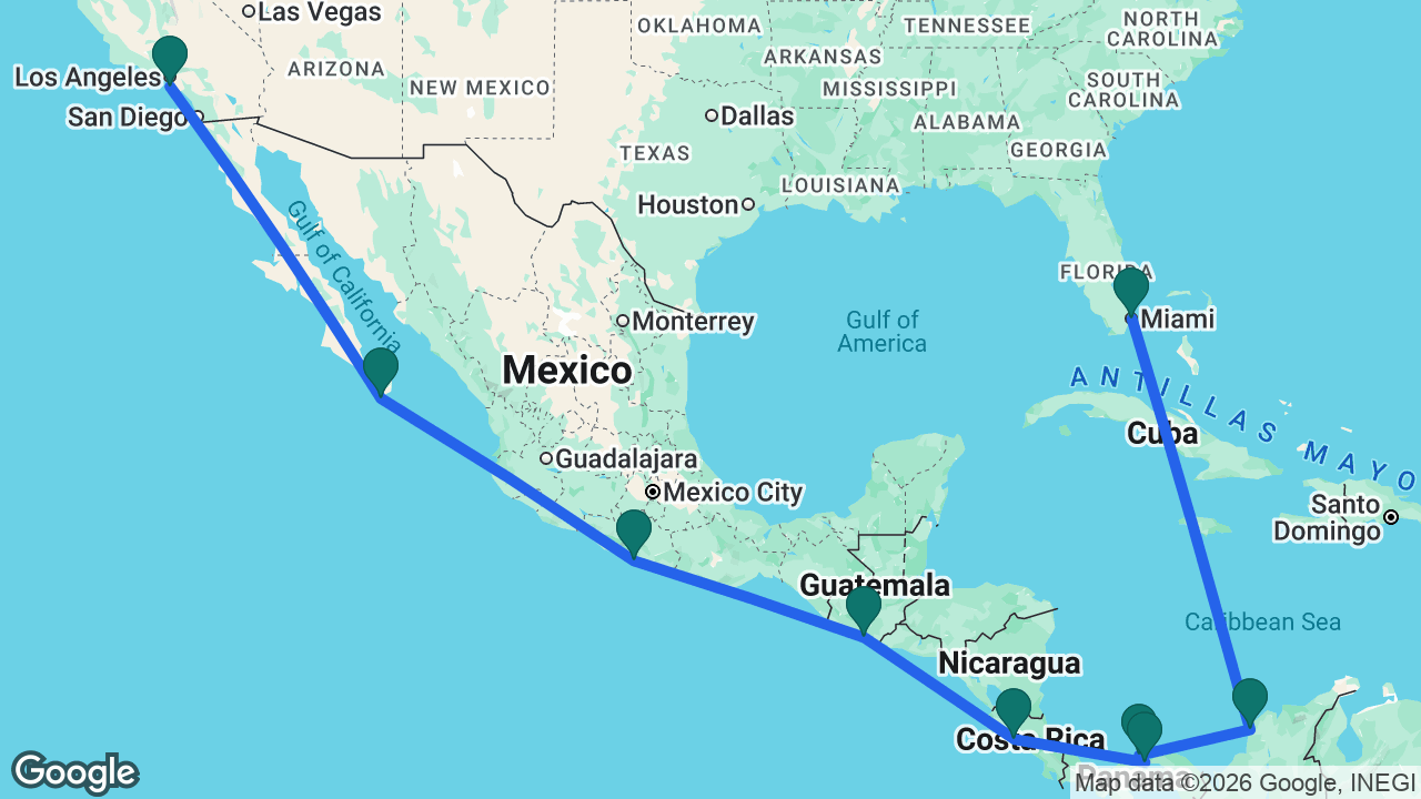 Route map: Miami -> Cartagena -> Colón -> Panama Canal -> Puntarenas -> Puerto Quetzal -> Acapulco -> Cabo -> Los Angeles