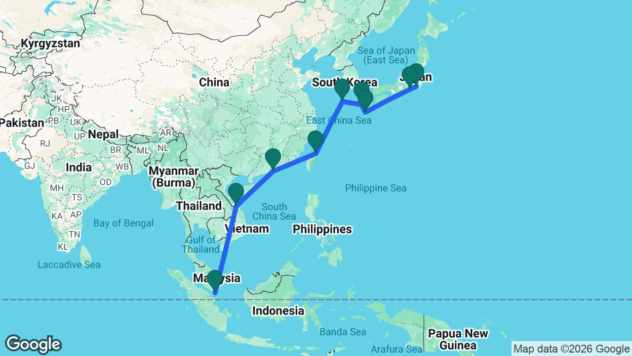 Route map: Singapore -> Chan May -> Hong Kong -> Keelung -> Jeju -> Nagasaki -> Kagoshima -> Mount Fuji -> Tokyo