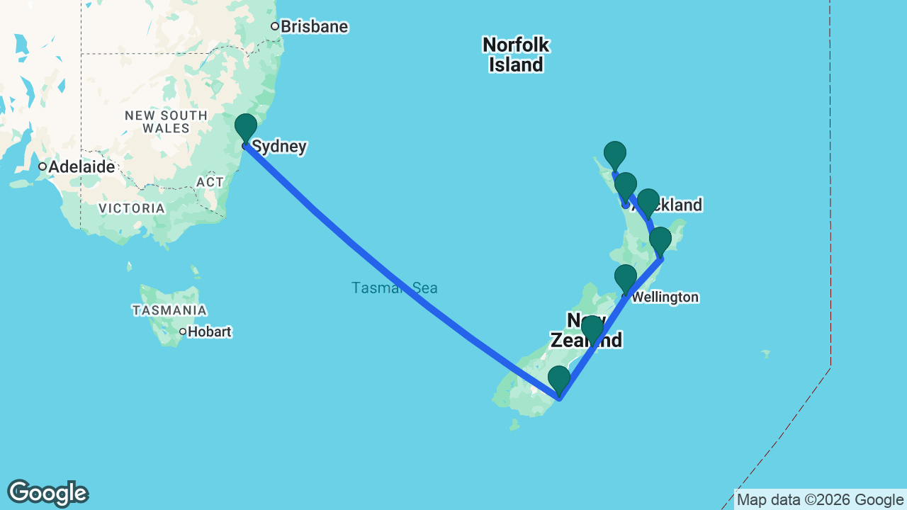 Route map: Auckland -> Bay of Islands -> Tauranga -> Napier -> Wellington -> Christchurch -> Dunedin -> Sydney