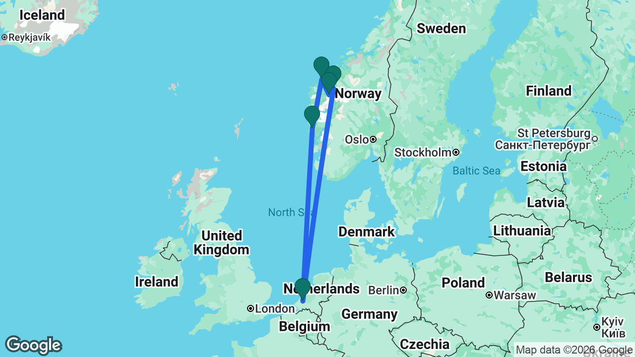 Route map: Rotterdam -> Geiranger -> Olden -> Ålesund -> Bergen -> Rotterdam