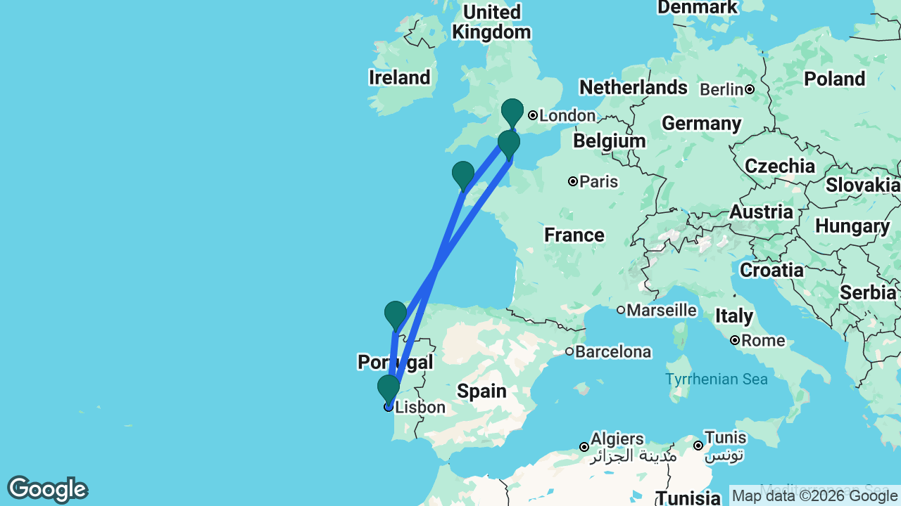 Route map: Southampton -> Brest -> Lisbon -> Vigo -> Cherbourg -> Southampton