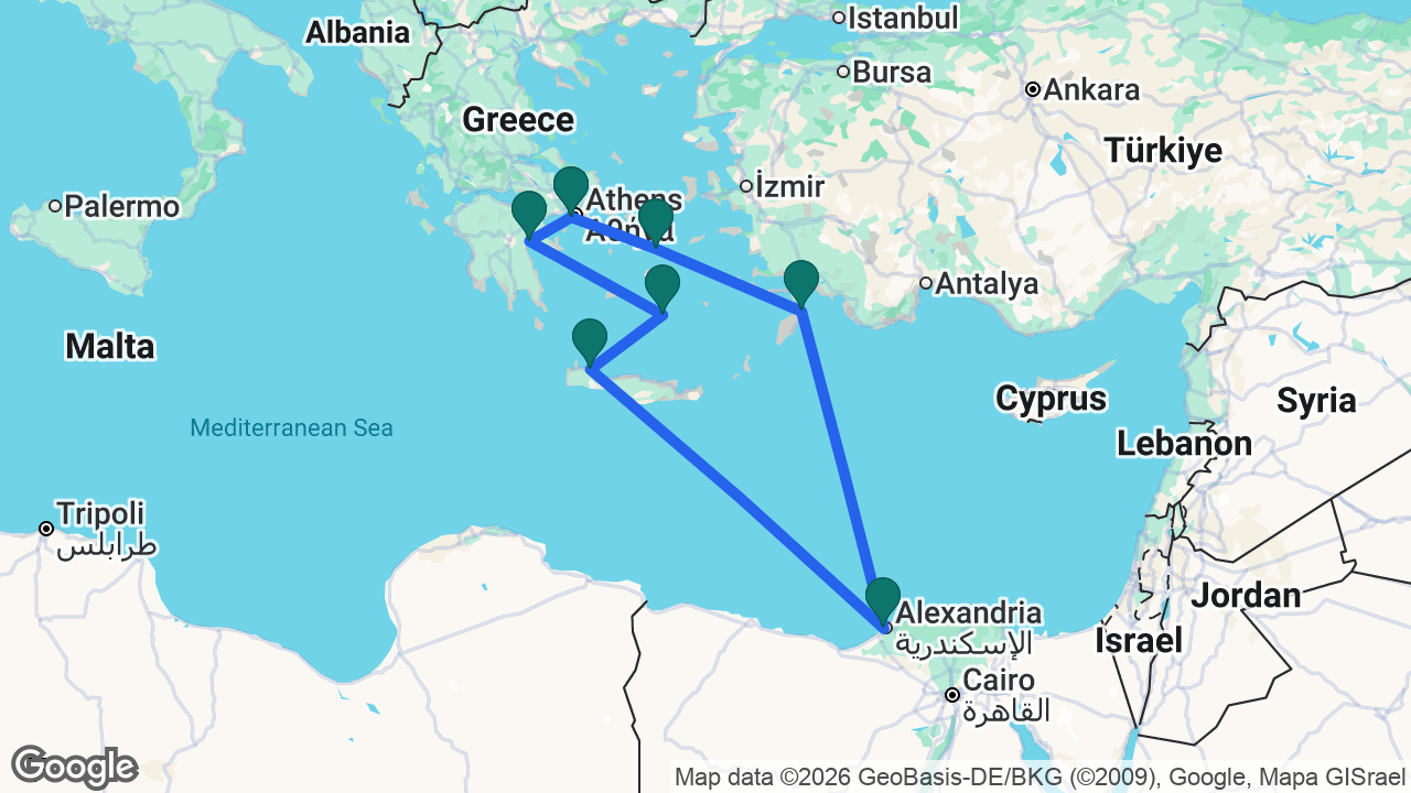 Route map: Athens -> Nafplio -> Santorini -> Chania -> Alexandria -> Rhodes -> Mykonos -> Athens