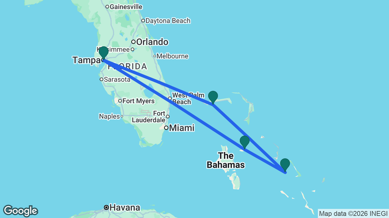 Route map: Tampa -> Celebration Key -> Half Moon Cay -> Nassau -> Tampa