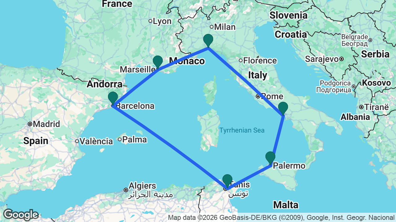 Route map: Palermo -> La Goulette -> Barcelona -> Marseille -> Genoa -> Naples -> Palermo