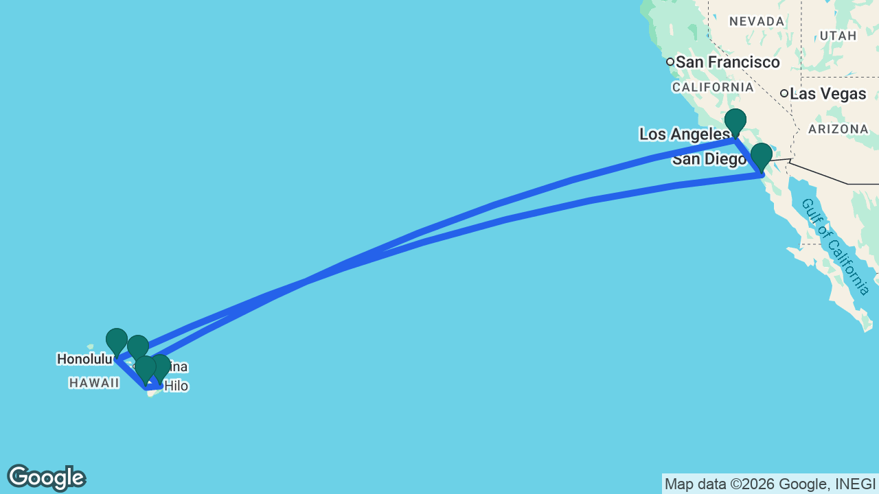 Route map: Los Angeles -> Maui -> Hilo -> Kona -> Honolulu -> Ensenada -> Los Angeles