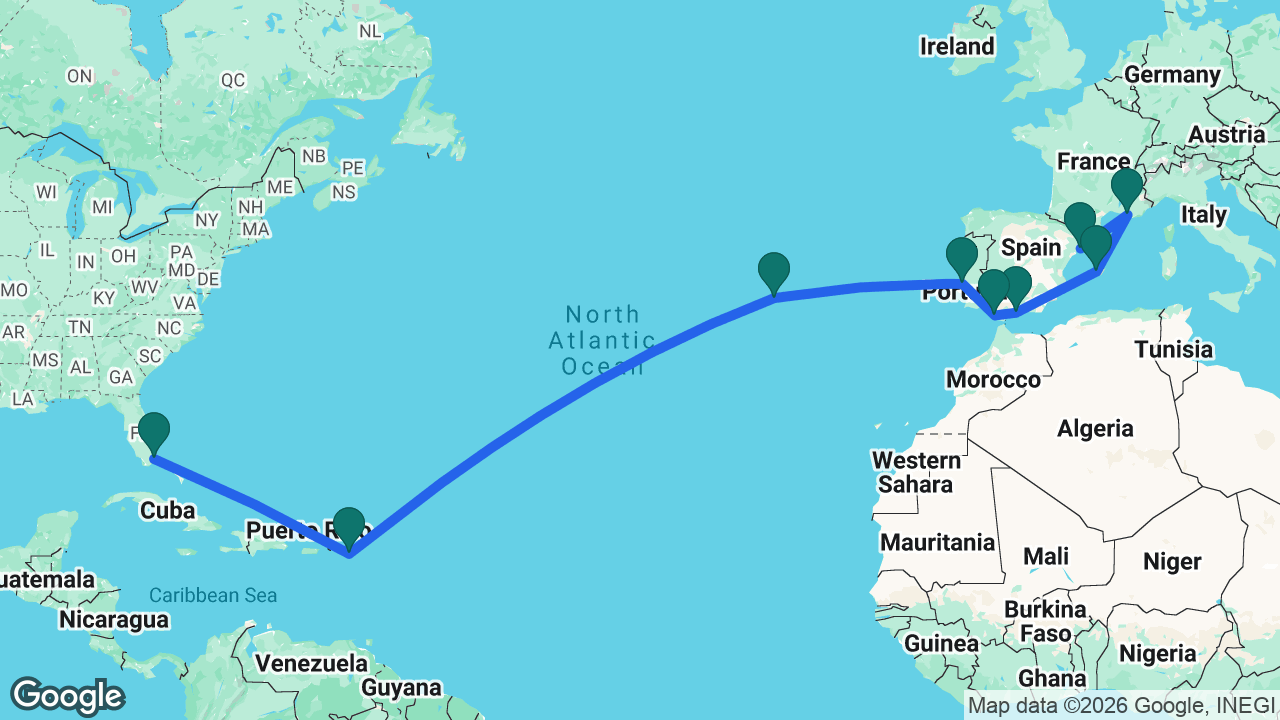 Route map: Miami -> St. Maarten -> Azores -> Lisbon -> Cádiz -> Málaga -> Mallorca -> Marseille -> Tarragona