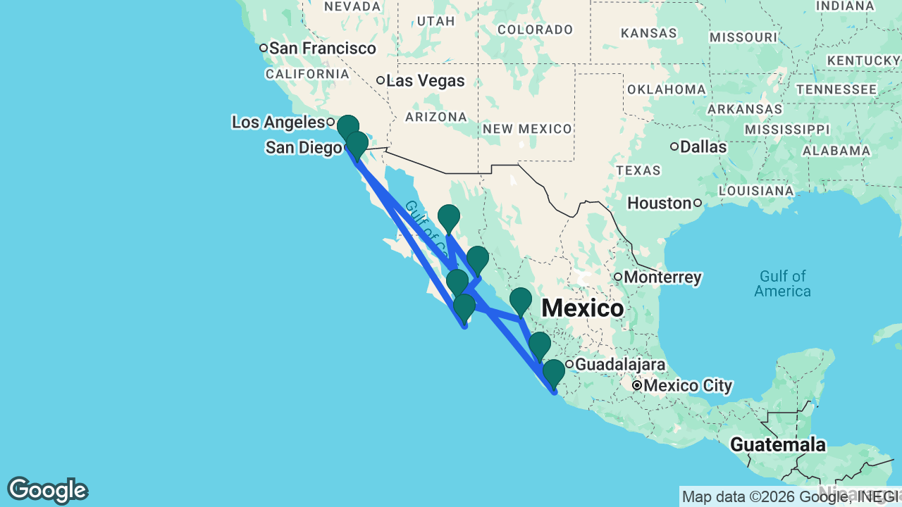 Route map: San Diego -> Cabo -> Guaymas -> Topolobampo -> La Paz -> Mazatlán -> Puerto Vallarta -> Manzanillo -> Ensenada -> San Diego