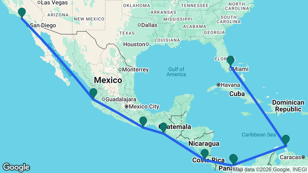 Route map: Fort Lauderdale -> Aruba -> Panama Canal -> Panama City -> Puntarenas -> Puerto Chiapas -> Huatulco -> Puerto Vallarta -> Los Angeles