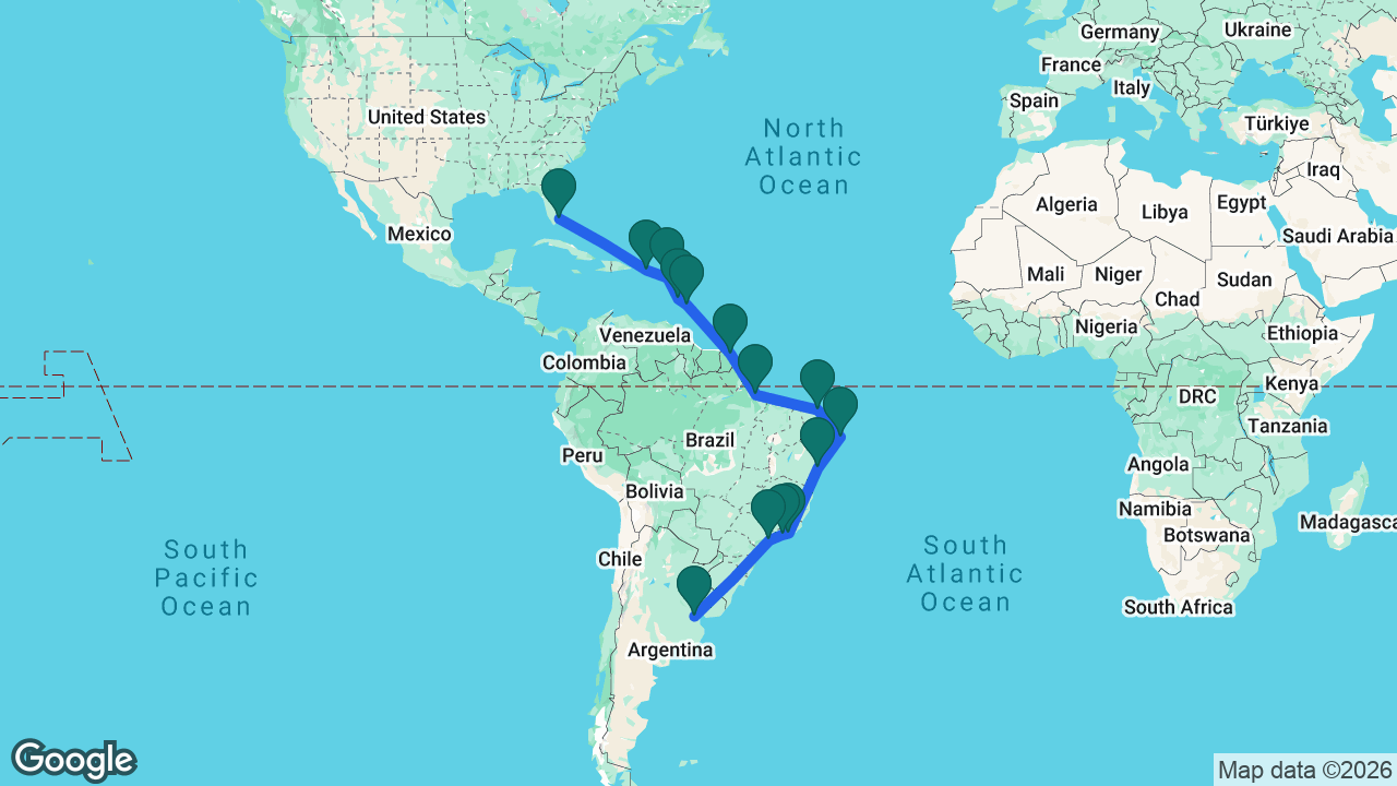 Route map: Buenos Aires -> Santos -> Abraão -> Rio -> Salvador -> Recife -> Fortaleza -> Icoaraci -> Devil's Island -> Barbados -> St. Lucia -> St. Kitts -> San Juan -> Fort Lauderdale