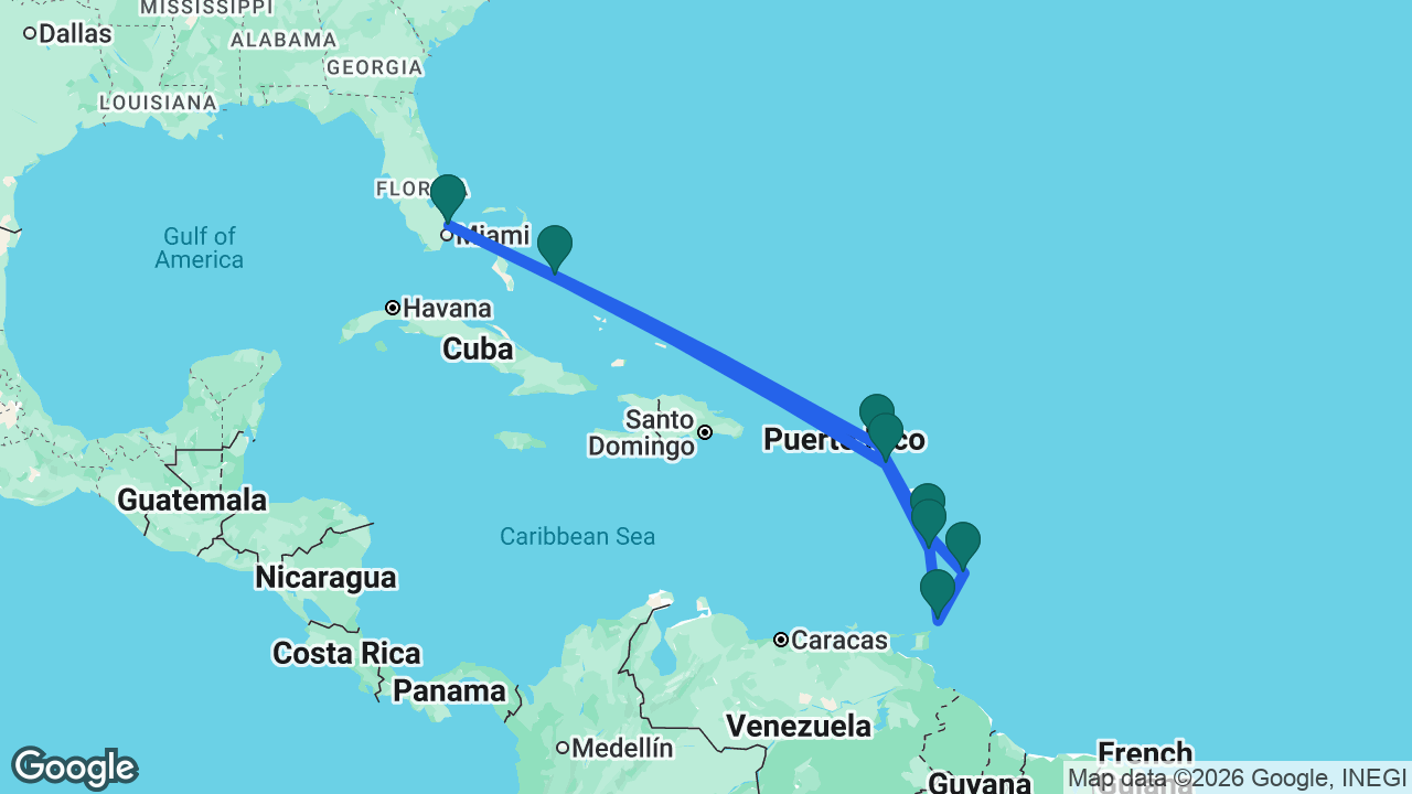Route map: Fort Lauderdale -> Half Moon Cay -> St. Maarten -> Martinique -> Barbados -> Tobago -> St. Lucia -> St. Kitts -> Fort Lauderdale