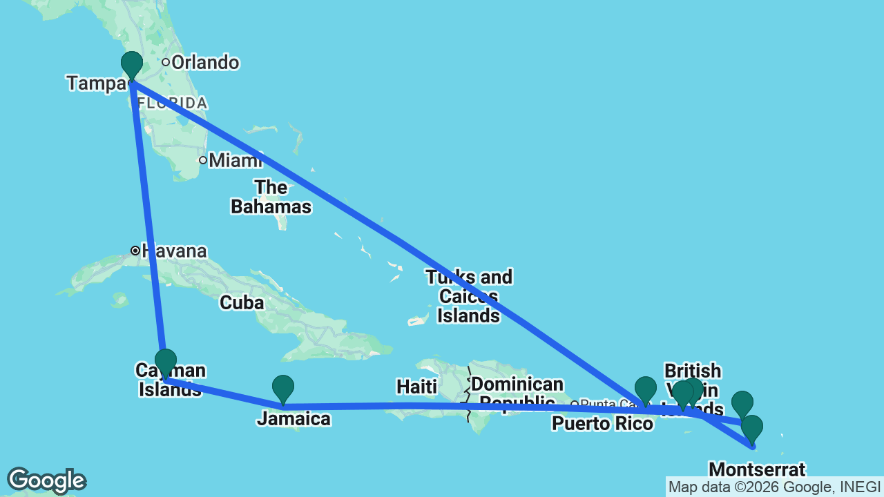 Route map: Tampa -> San Juan -> Tortola -> St. Kitts -> St. Maarten -> St. Thomas -> Falmouth -> Grand Cayman -> Tampa