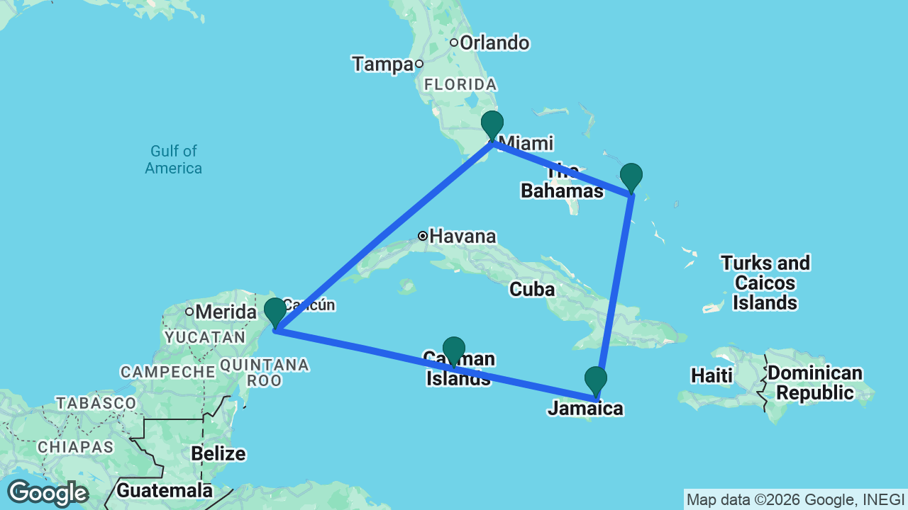 Route map: Miami -> Half Moon Cay -> Ocho Rios -> Grand Cayman -> Cozumel -> Miami