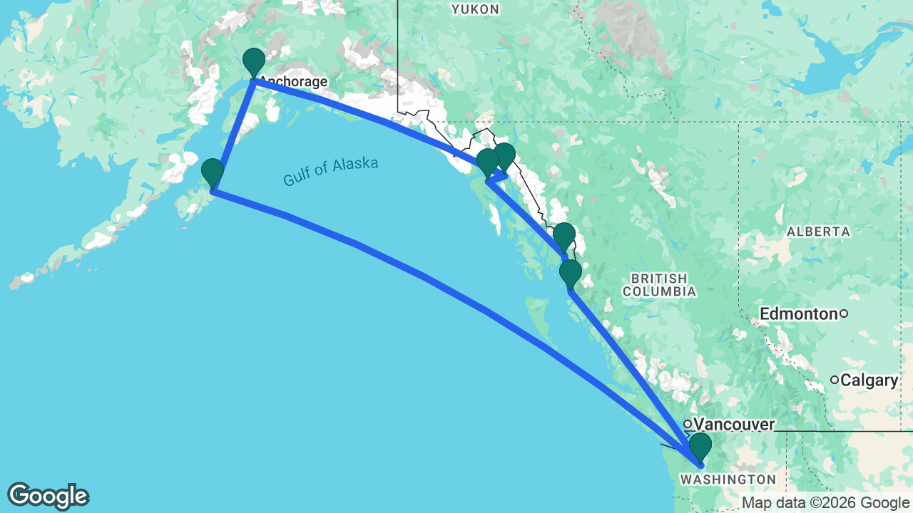 Route map: Seattle -> Kodiak -> Anchorage -> Juneau -> Icy Strait Point -> Misty Fjords -> Prince Rupert -> Seattle
