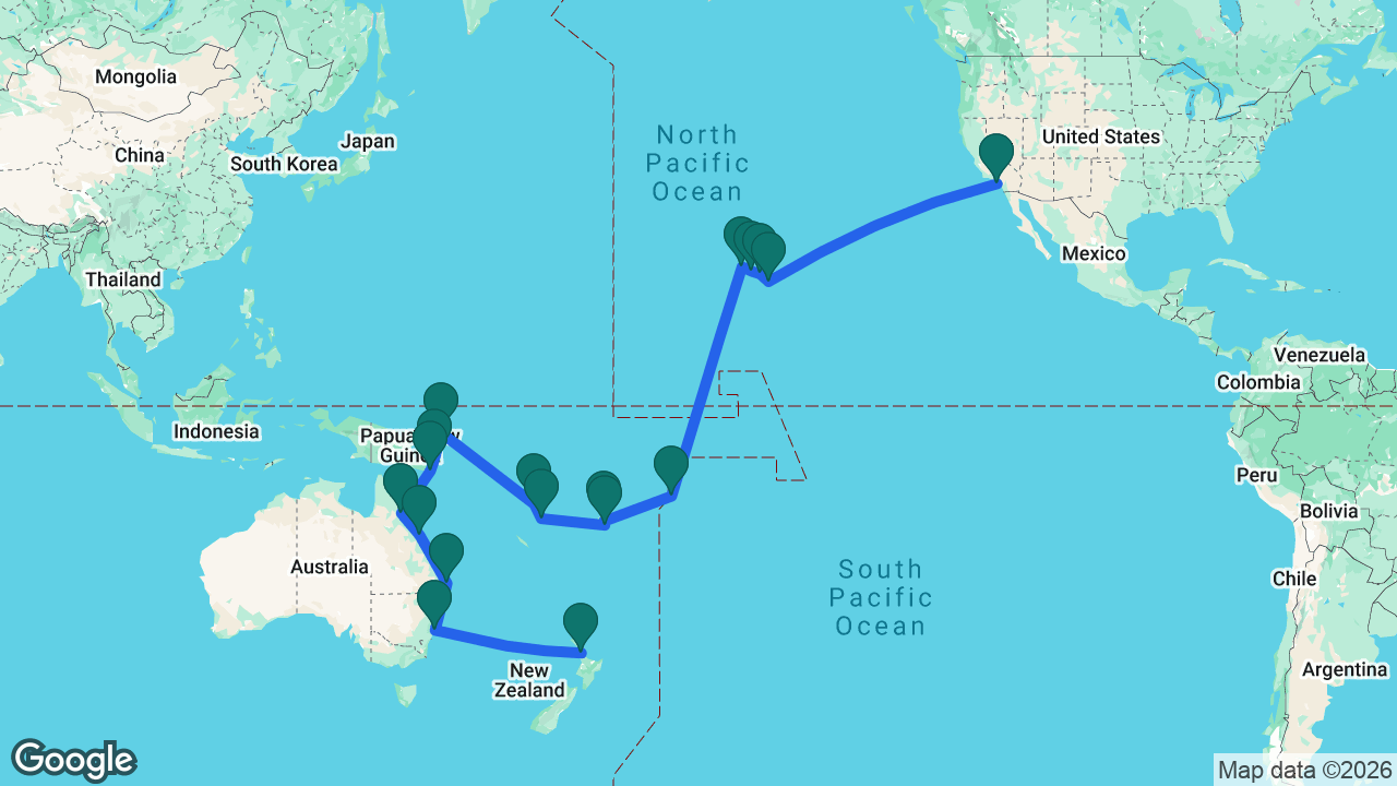 Route map: Los Angeles -> Hilo -> Maui -> Honolulu -> Kauai -> Pago Pago -> Fiji -> Dravuni Island -> Port Vila -> Luganville -> Rabaul -> Kiriwina Island -> Alotau -> Cairns -> Airlie Beach -> Brisbane -> Sydney -> Auckland