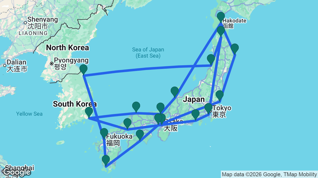 Route map: Tokyo -> Mount Fuji -> Osaka -> Hiroshima -> Busan -> Sakaiminato -> Maizuru -> Kanazawa -> Hakodate -> Miyako -> Hitachinaka -> Kobe -> Kochi -> Kagoshima -> Fukuoka -> Sokcho -> Sakata -> Aomori -> Tokyo