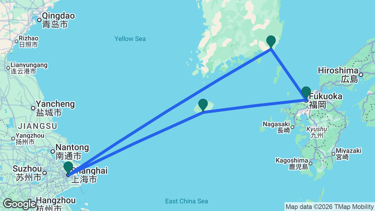 Route map: Shanghai -> Gangjeong -> Fukuoka -> Busan -> Shanghai