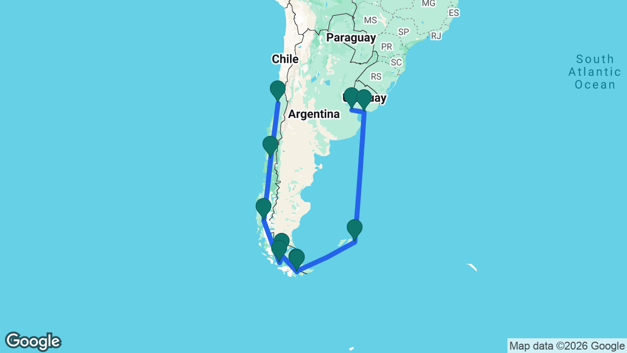 Route map: Buenos Aires -> Montevideo -> Port Stanley -> Ushuaia -> Beagle Channel -> Punta Arenas -> Cockburn Channel -> Pío XI Glacier -> Puerto Montt -> San Antonio