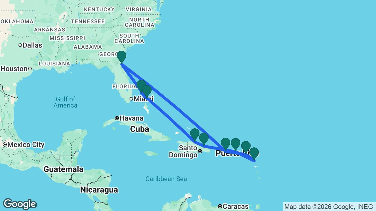 Route map: Jacksonville -> Great Stirrup Cay -> Freeport -> Puerto Plata -> Samaná -> Tortola -> Antigua -> St. Maarten -> San Juan -> Jacksonville
