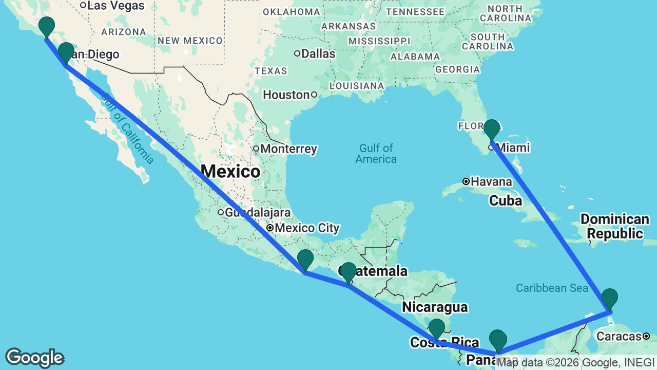 Route map: Fort Lauderdale -> Aruba -> Panama Canal -> Panama City -> Puntarenas -> Puerto Chiapas -> Huatulco -> Ensenada -> Los Angeles
