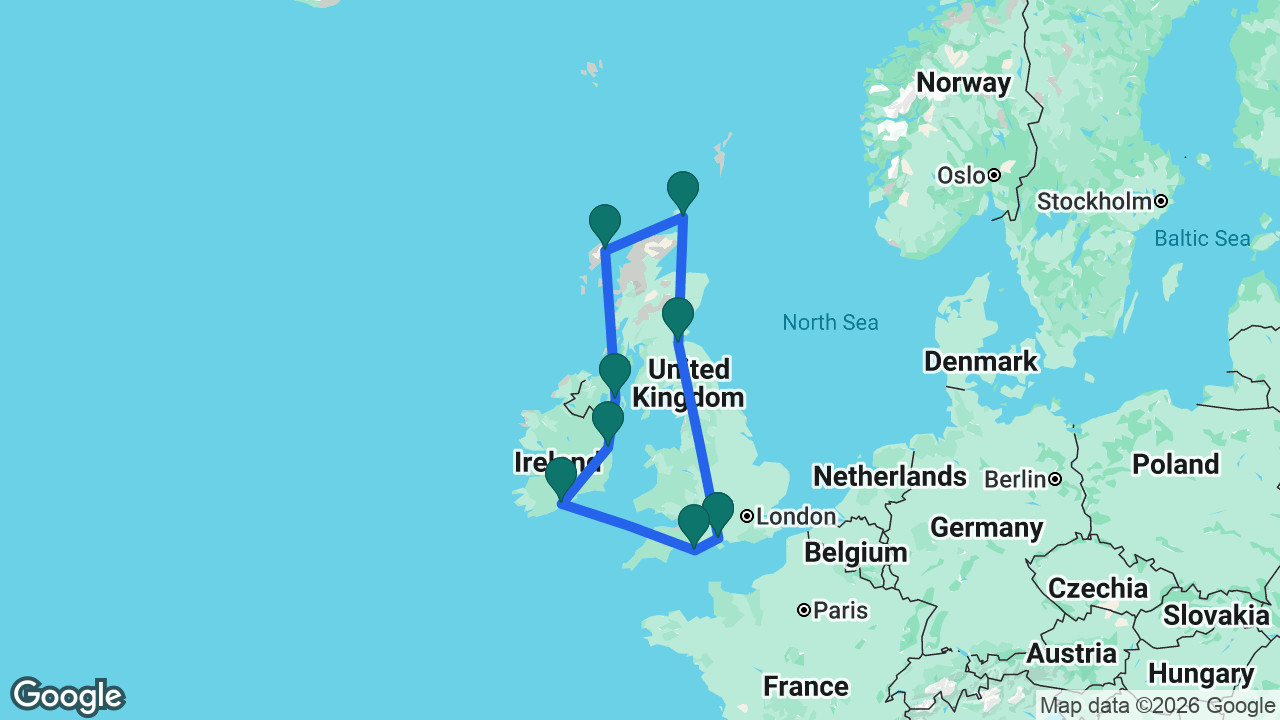 Route map: Southampton -> Portland -> Cobh -> Dublin -> Belfast -> Stornoway -> Kirkwall -> Edinburgh -> Southampton