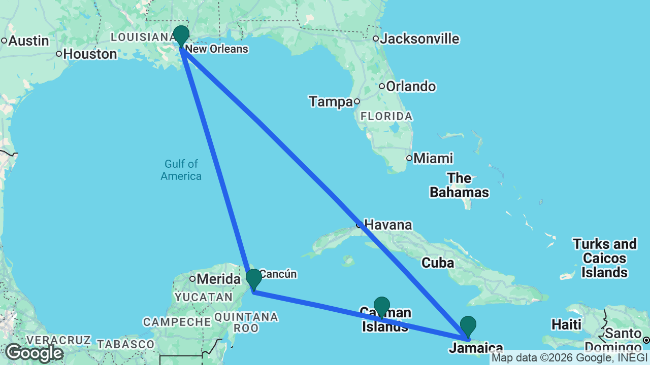 Route map: New Orleans -> Cozumel -> Grand Cayman -> Falmouth -> New Orleans