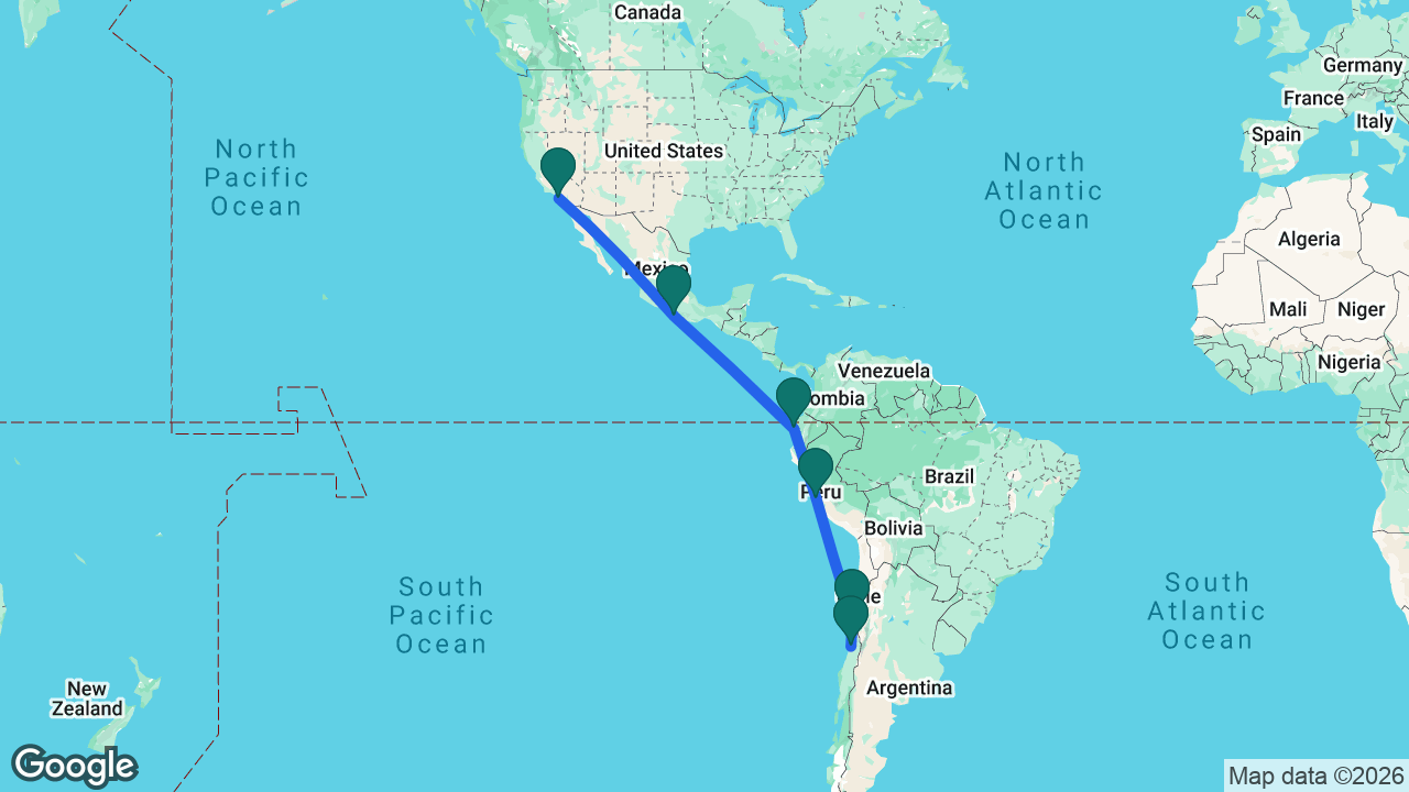 Route map: Los Angeles -> Acapulco -> Manta -> Lima -> Coquimbo -> San Antonio