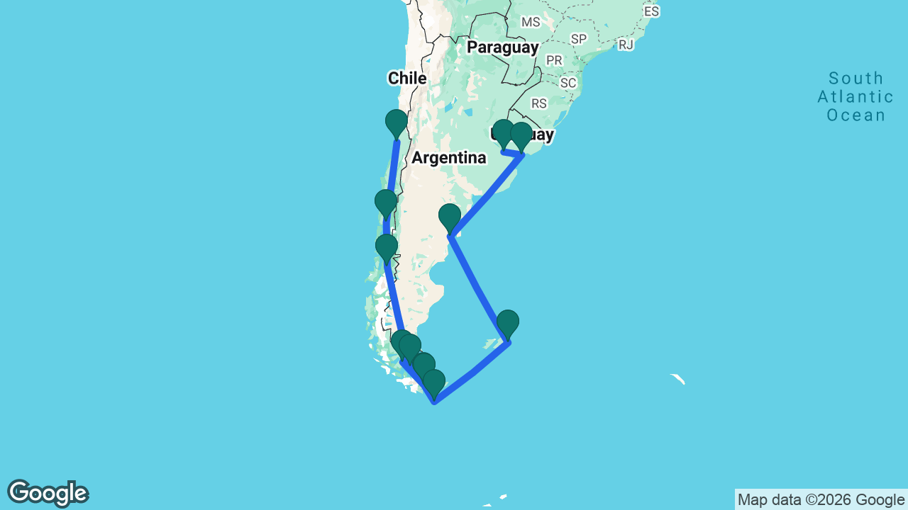 Route map: Buenos Aires -> Montevideo -> Puerto Madryn -> Port Stanley -> Drake Passage -> Ushuaia -> Beagle Channel -> Punta Arenas -> Strait of Magellan -> Puerto Chacabuco -> Puerto Montt -> San Antonio