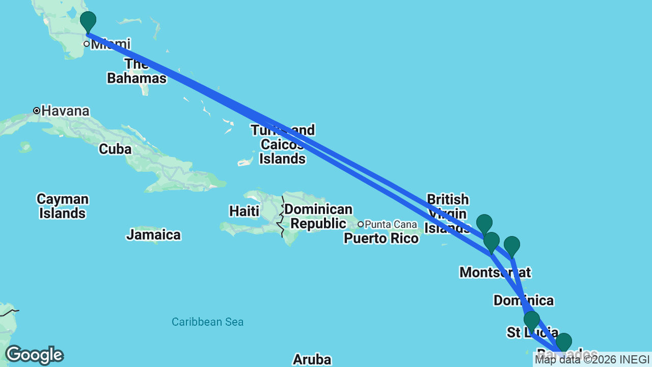 Route map: Fort Lauderdale -> St. Maarten -> Antigua -> St. Lucia -> Barbados -> St. Kitts -> Fort Lauderdale