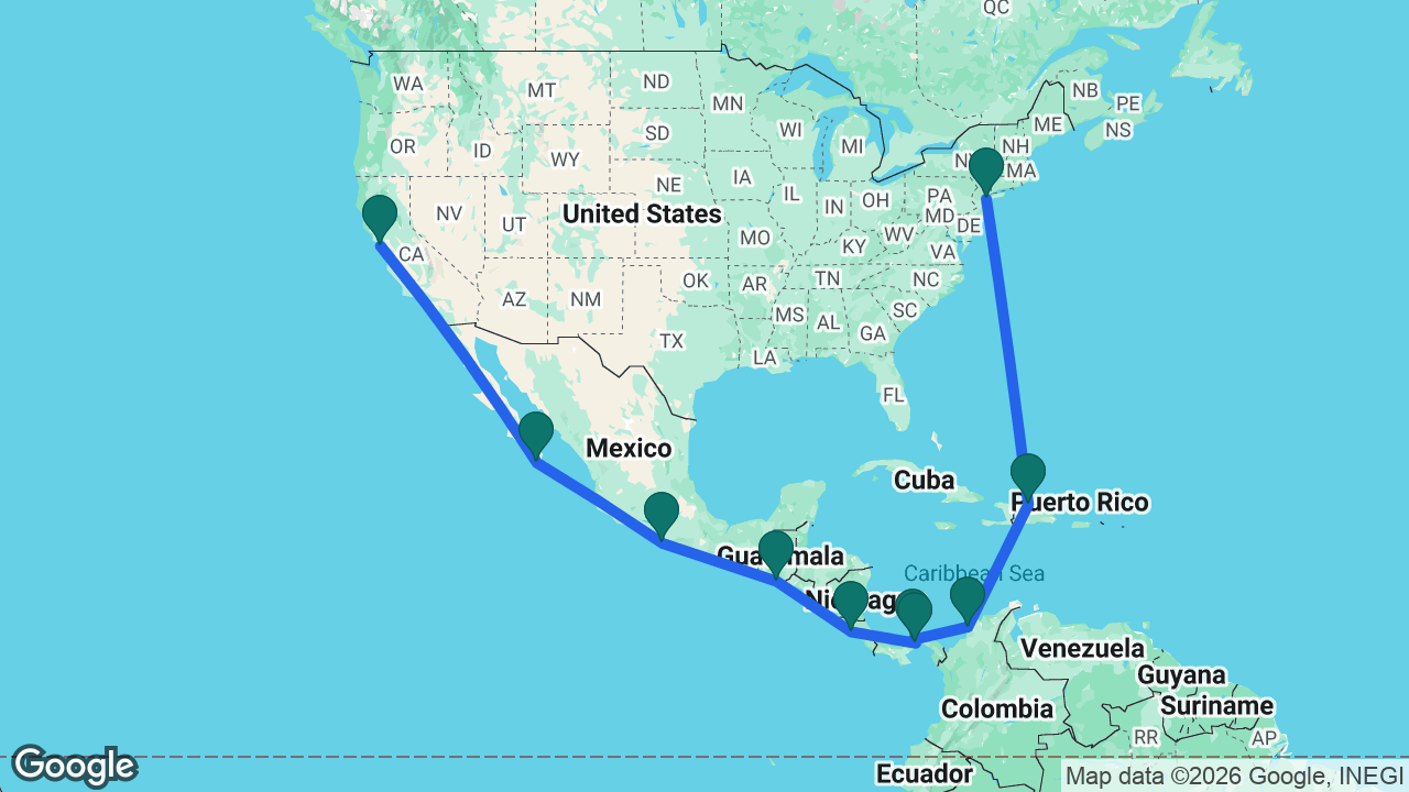 Route map: New York -> Puerto Plata -> Cartagena -> Colón -> Panama Canal -> Puntarenas -> Puerto Quetzal -> Acapulco -> Cabo -> San Francisco