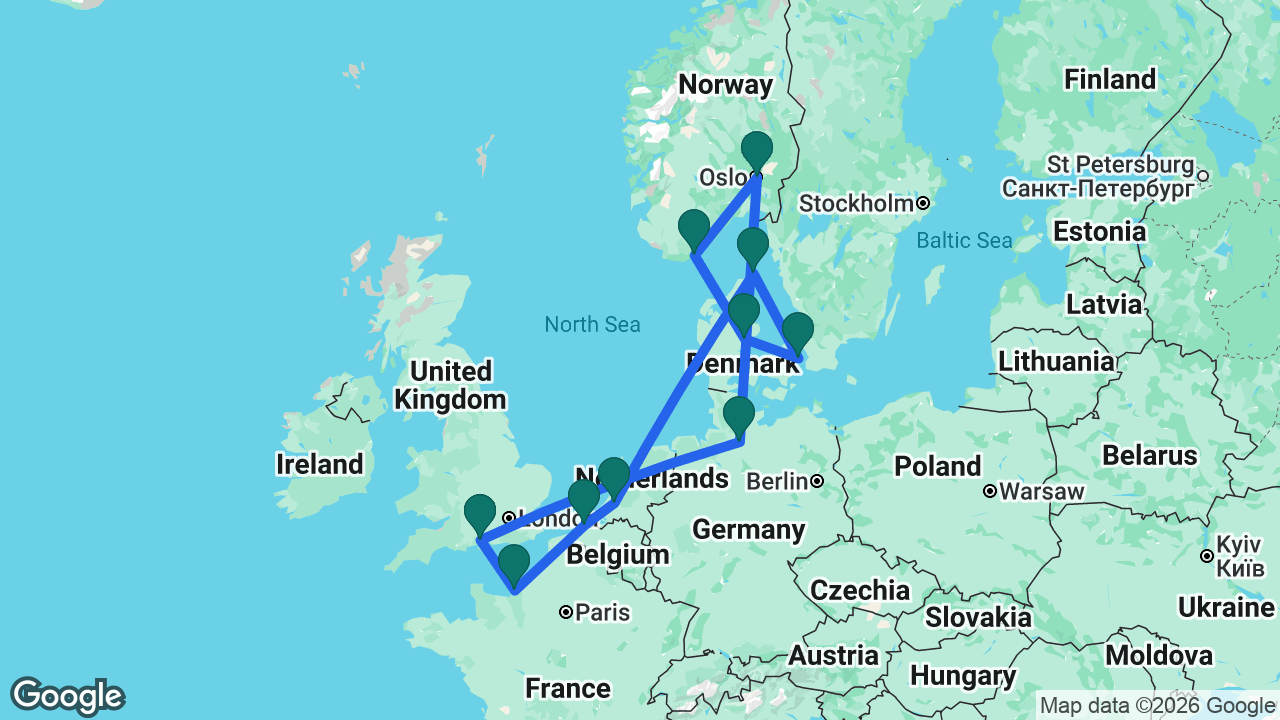 Route map: Southampton -> Paris -> Bruges -> Rotterdam -> Skagen -> Copenhagen -> Aarhus -> Kristiansand -> Oslo -> Hamburg -> Southampton