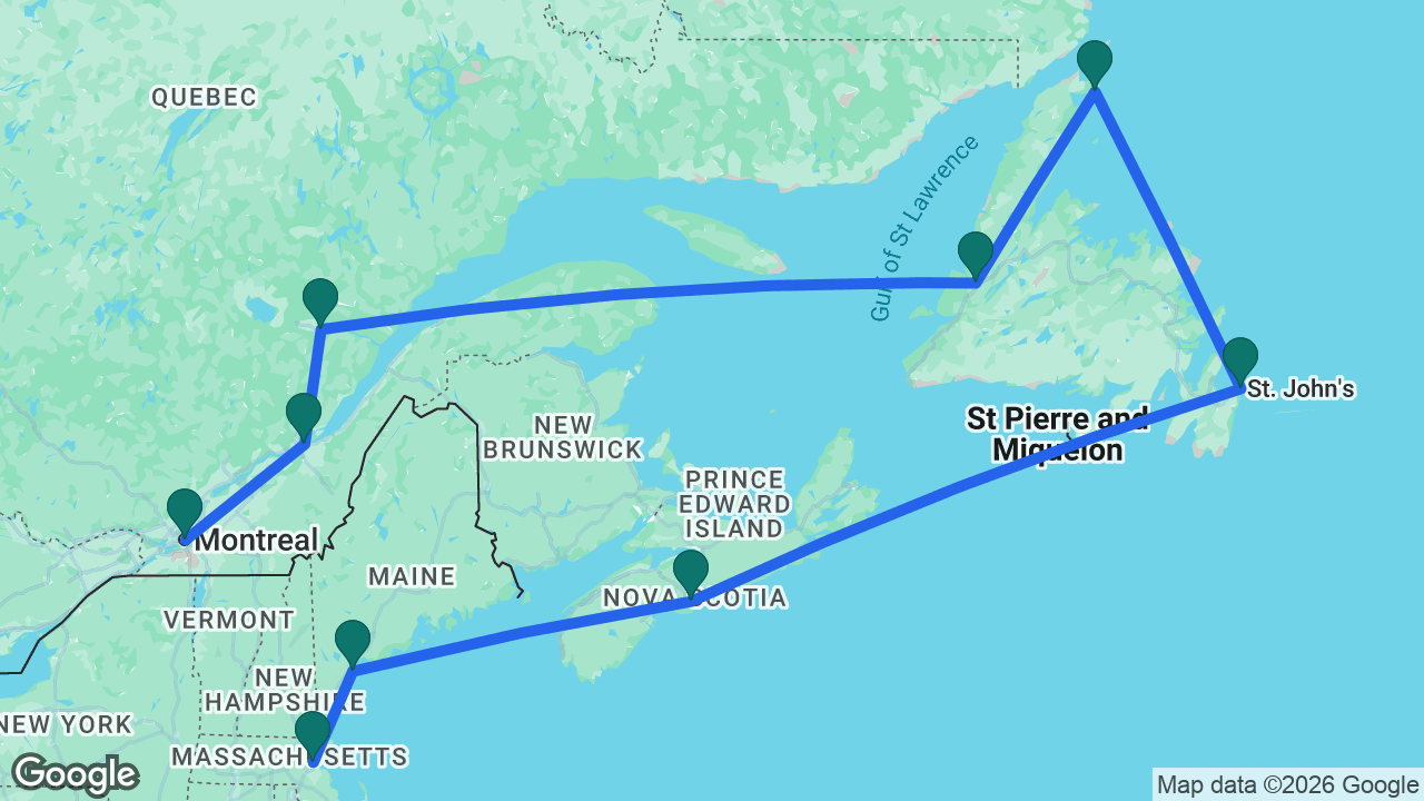 Route map: Boston -> Portland -> Halifax -> St. John's -> St. Anthony -> Corner Brook -> Saguenay -> Québec City -> Montreal