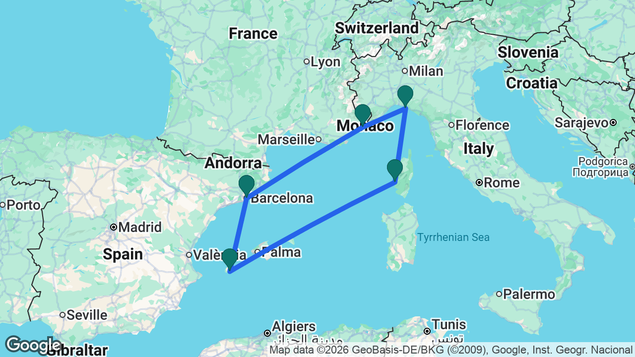 Route map: Barcelona -> Villefranche -> Portofino -> Ajaccio -> Ibiza -> Barcelona