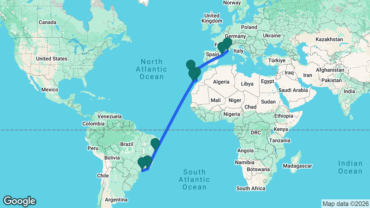 Route map: Marseille -> Barcelona -> Madeira -> Lanzarote -> Gran Canaria -> Salvador -> Rio -> Santos