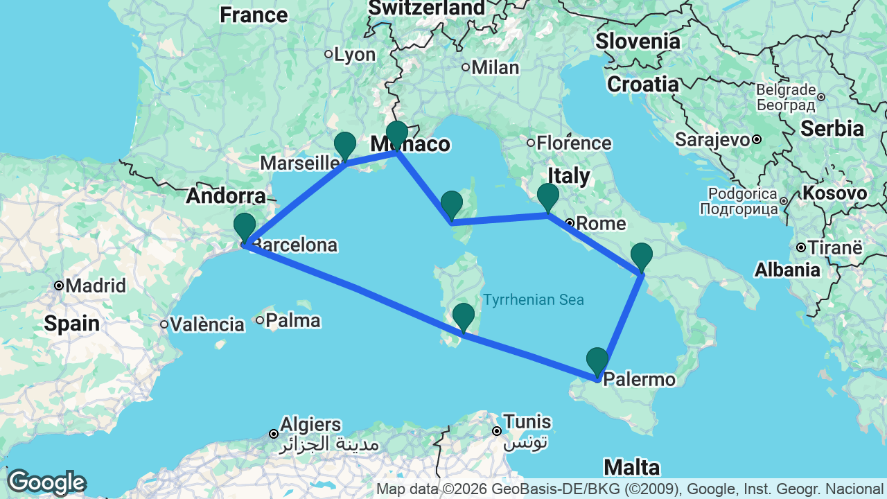 Route map: Barcelona -> Marseille -> Cannes -> Ajaccio -> Rome -> Amalfi Coast -> Palermo -> Cagliari -> Barcelona