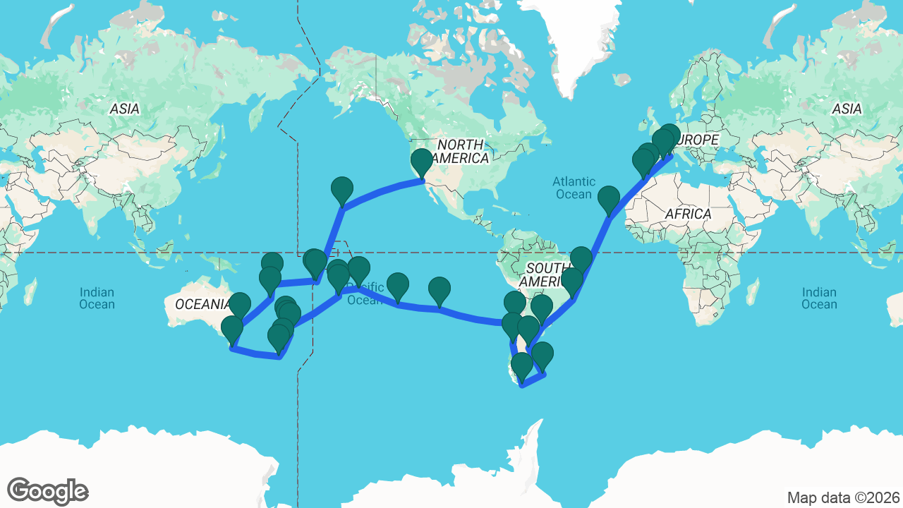 Route map: Marseille -> Barcelona -> Gibraltar -> Casablanca -> Mindelo -> Salvador -> Rio -> Buenos Aires -> Puerto Madryn -> Port Stanley -> Ushuaia -> Puerto Montt -> Santiago -> Easter Island -> Bounty Bay -> Tahiti -> Moorea -> Aitutaki -> Cook Islands -> Bay of Islands -> Auckland -> Tauranga -> Christchurch -> Dunedin -> Hobart -> Sydney -> Nouméa -> Santo -> Apia -> Pago Pago -> Honolulu -> Los Angeles