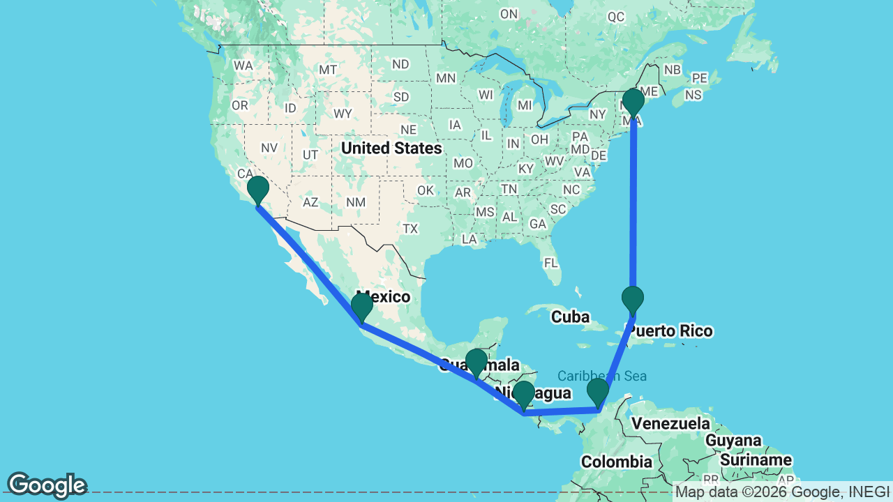 Route map: Los Angeles -> Puerto Vallarta -> Puerto Quetzal -> Puntarenas -> Cartagena -> Grand Turk -> Boston