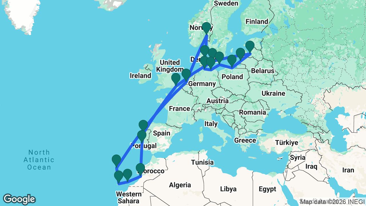 Route map: Rotterdam -> Oslo -> Aarhus -> Kiel -> Berlin -> Rønne -> Gdansk -> Klaipeda -> Riga -> Copenhagen -> Dover -> Porto -> Lisbon -> Agadir -> Lanzarote -> Tenerife -> Madeira -> Rotterdam