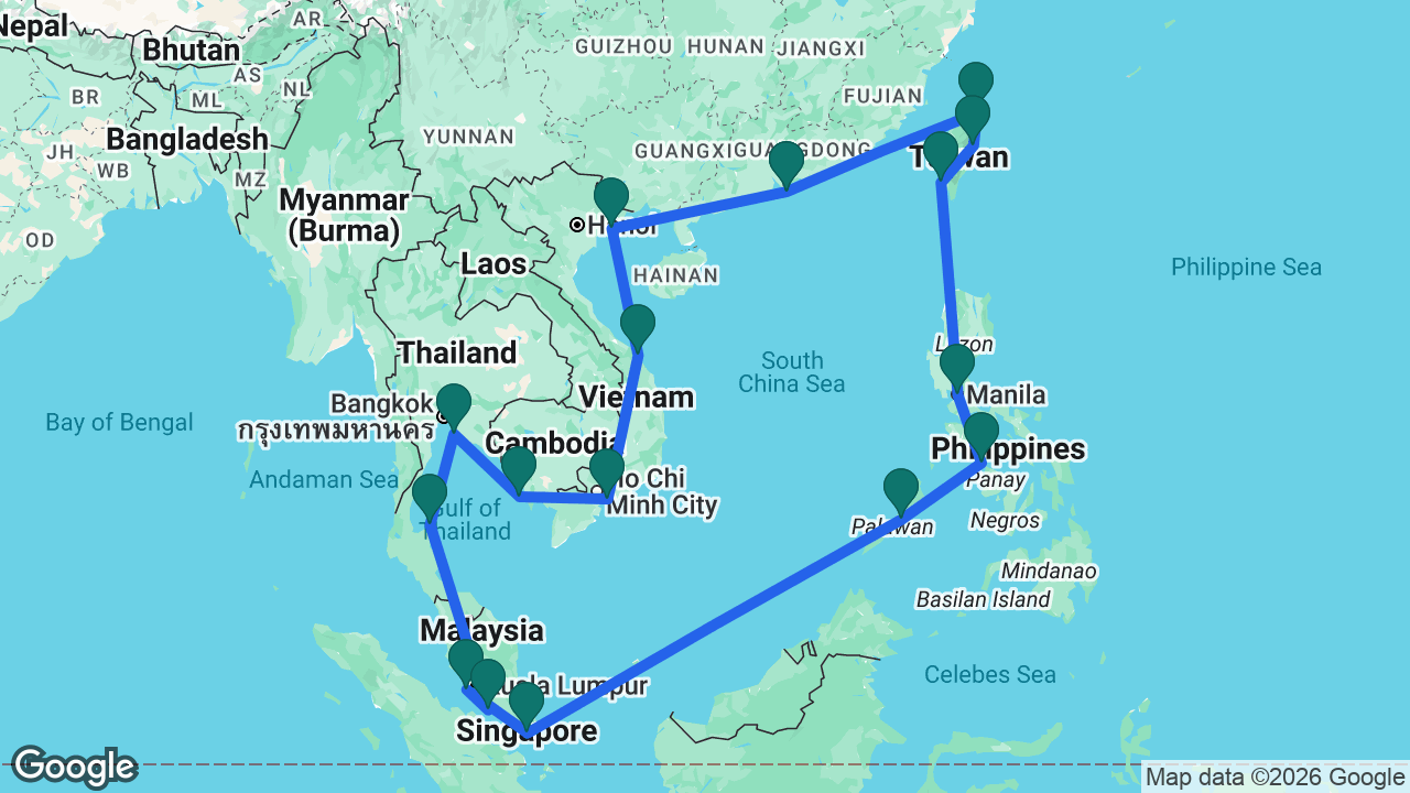 Route map: Hong Kong -> Ha Long Bay -> Da Nang -> Ho Chi Minh City -> Sihanoukville -> Laem Chabang -> Koh Samui -> Malacca -> Kuala Lumpur -> Singapore -> Puerto Princesa -> Boracay -> Manila -> Kaohsiung -> Hualien -> Keelung -> Hong Kong