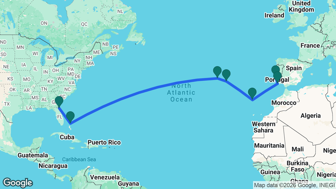 Route map: Jacksonville -> Great Stirrup Cay -> Horta -> Azores -> Madeira -> Portimão -> Lisbon