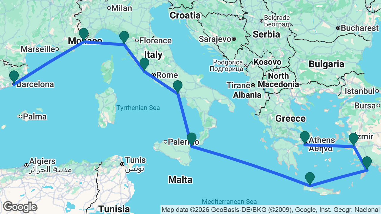 Route map: Barcelona -> Villefranche -> Florence -> Rome -> Naples -> Taormina -> Chania -> Rhodes -> Ephesus -> Athens