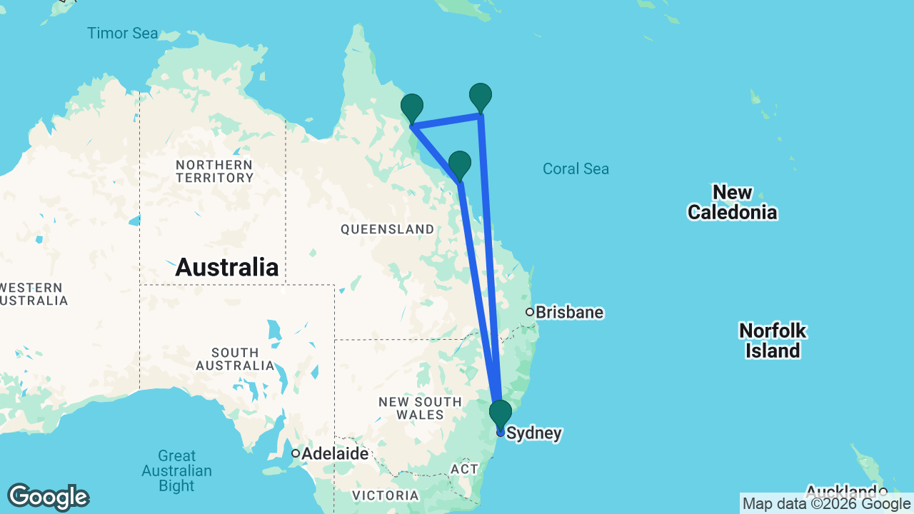 Route map: Sydney -> Airlie Beach -> Cairns -> Willis Island -> Sydney