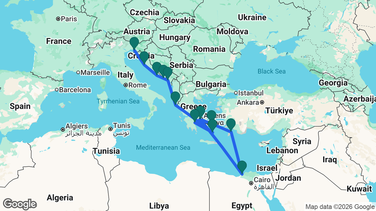 Route map: Trieste -> Zadar -> Korcula -> Dubrovnik -> Kotor -> Corfu -> Santorini -> Nafplio -> Athens -> Alexandria -> Rhodes -> Mykonos -> Athens