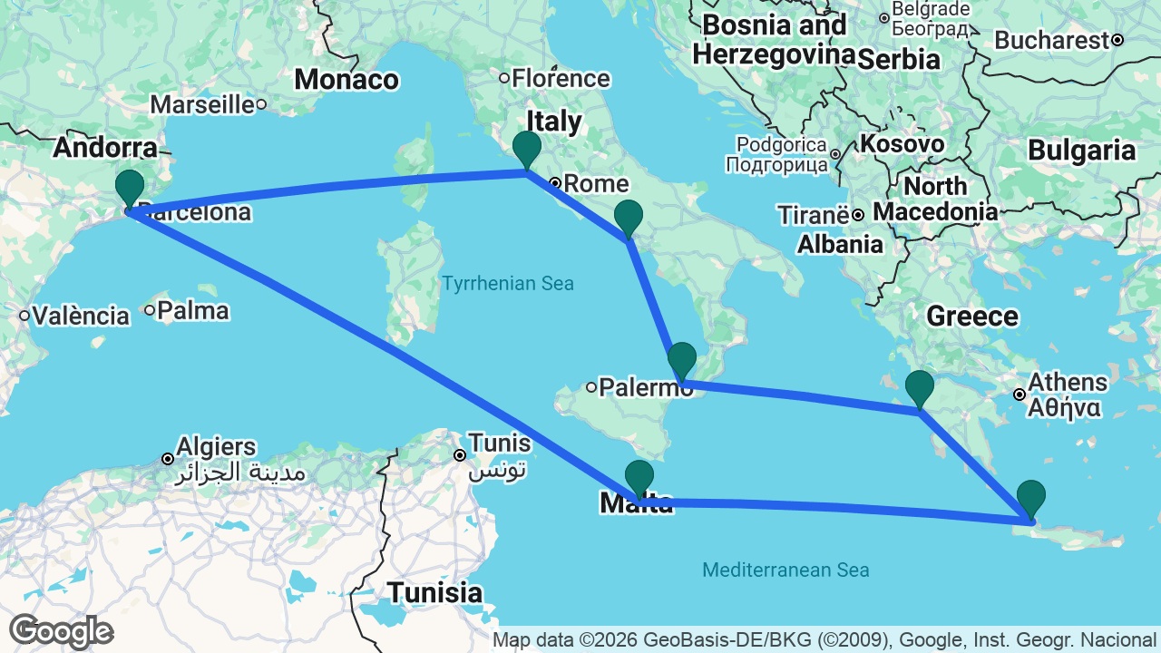 Route map: Barcelona -> Valletta -> Chania -> Katakolon -> Messina -> Naples -> Rome -> Barcelona