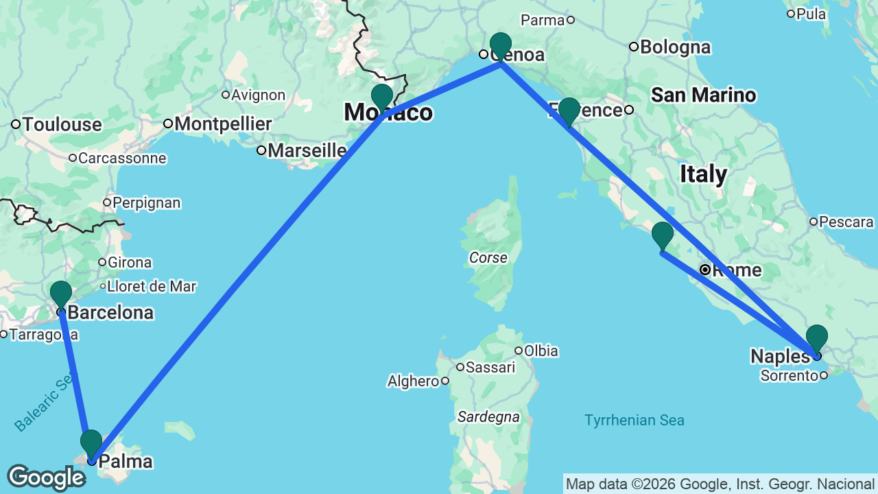 Route map: Rome -> Naples -> Florence -> Portofino -> Villefranche -> Mallorca -> Barcelona